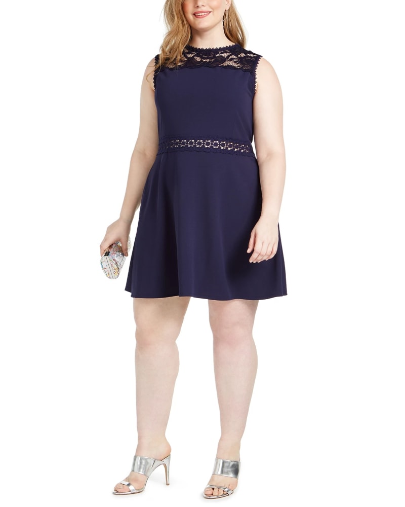 Front of a model wearing a size 24 Speechless Women's Trendy Plus Size Lace-Trim A-Line Dress Dark Blue Size 24 in Blue by Speechless. | dia_product_style_image_id:312722
